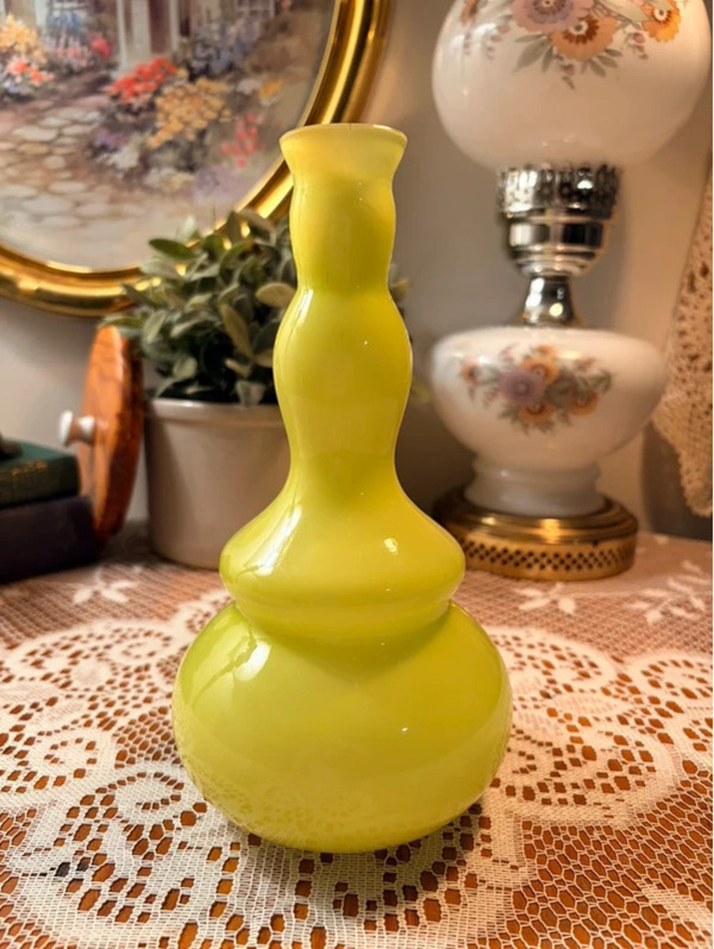 Chartreuse Cased Art Glass Triple Gourd Vase MCM Style 8.75”